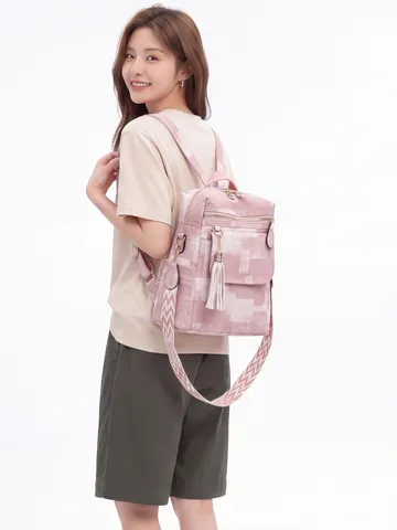Korean Style Retro Women Backpack PU Leather Geometric Printed Commuter Shoulder Crossbody Bag With Tassel Pendant
