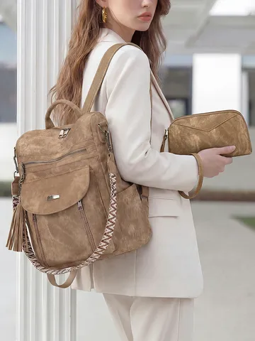 Women Vintage Distressed PU Leather Backpack Two-Piece Set Travel School Casual Daypack With Shoulder Bag