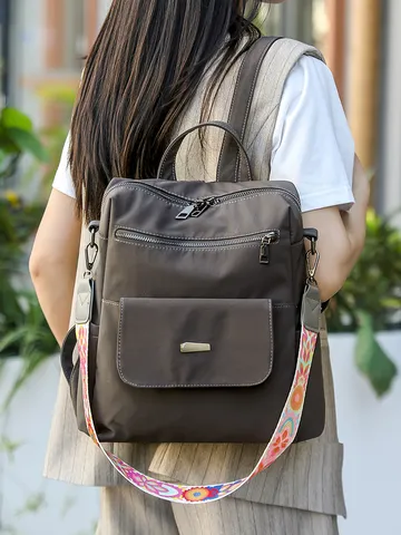 Womens Casual Nylon Anti-Theft Backpack Large Capacity Travel School Bookbag With Colorful Ethnic Wide Strap