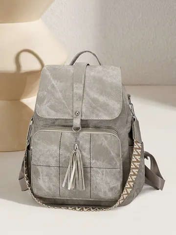 Women's Retro PU Leather Backpack Large Capacity Travel School Bag With Ethnic Webbing And Tassel Daily Casual Daypack