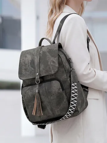 Women's Retro PU Leather Backpack Large Capacity Travel School Bag With Ethnic Webbing And Tassel Daily Casual Daypack