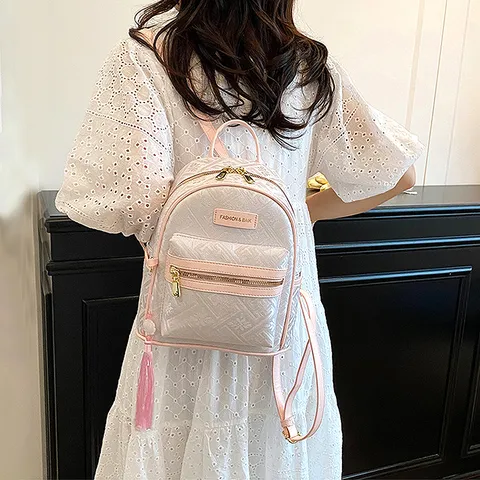 Women Mini Backpack Embossed Nylon Casual Travel School Bag With Tassel Cute Daypack Fashion Designer Handbag
