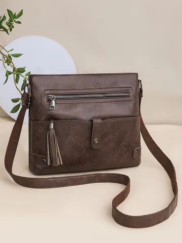 Women Fashion PU Leather Crossbody Bag Casual Solid Color Shoulder Bag with Tassel Stylish Handbag For Daily Travel