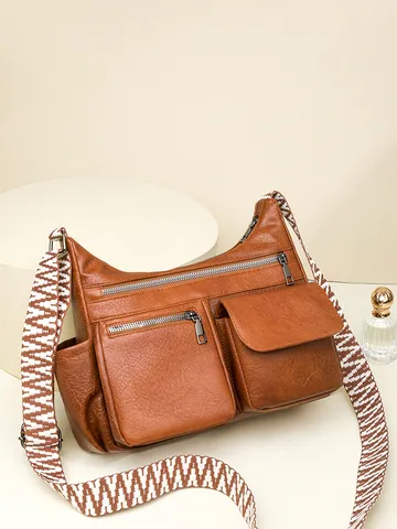 Vintage PU Leather Crossbody Bag For Women Multi-Pocket Shoulder Bag Large Capacity Commuter Handbag Casual Purse
