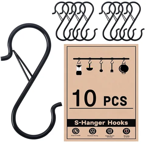 Heavy Duty S Shaped Hooks Utility Hangers With Safety Buckle For Kitchen Pots Pans Cups Clothes Bags Black White Silver