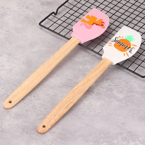Wooden Handle Silicone Spatula Kitchen Baking Tool Food Grade Cream Cake Scraper Cactus Pineapple Print Kitchen Gadget
