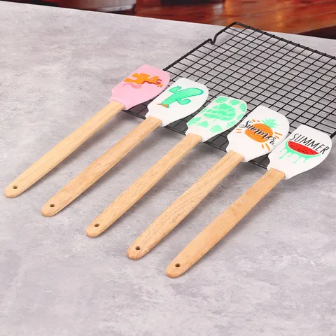 Wooden Handle Silicone Spatula Kitchen Baking Tool Food Grade Cream Cake Scraper Cactus Pineapple Print Kitchen Gadget