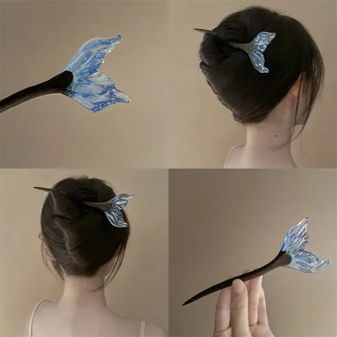 New Chinese Style Wooden Acrylic Fish Tail Hairpin Elegant Vintage Hair Bun Stick Versatile Hair Accessories For Women