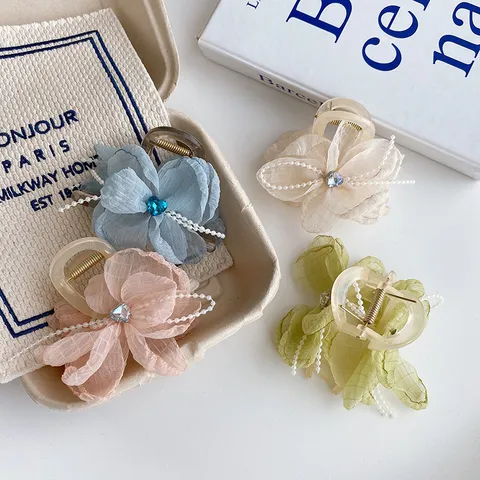 Women Sweet Floral Hair Claw Clip Mesh Flower Shark Clip Pearl Rhinestone Hair Accessories For Daily Styling