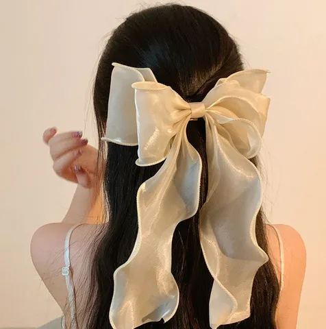 Large Mesh Bow Hair Clip Elegant Long Ribbon Hair Barrettes Sweet Hair Accessories For Women Daily Hair Styling