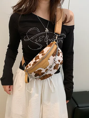Damen Vintage Kuh Leopardenmuster PU Leder Brusttasche Metallkette Dekorativ Gürteltasche 斜挎包 Schultertasche Tasche