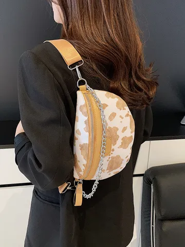 Damen Vintage Kuh Leopardenmuster PU Leder Brusttasche Metallkette Dekorativ Gürteltasche 斜挎包 Schultertasche Tasche