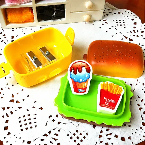Creative Hamburger Shaped Pencil Sharpener Novelty Plastic Stationery With Eraser Cute Desk Accessory For Students Office