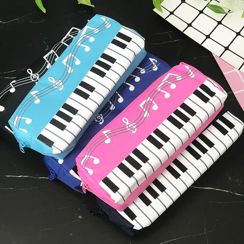 Estuche para Lápices de Lona con Patrón de Teclas de Piano y Notas Cuadrado de una Sola Capa Estuche de papelería con Cremallera para Estudiantes