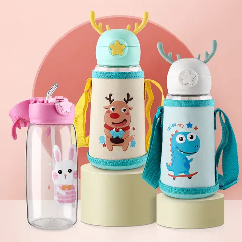 Botella de Agua para Niños con Paja y Correa Gran Capacidad Taza de Plástico Anticaída para Escuela