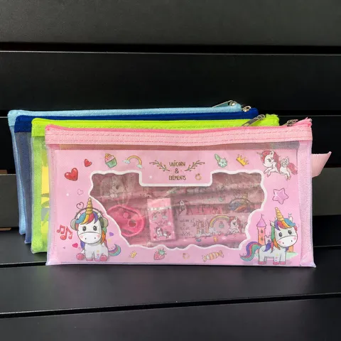 Estuche de Lápices de Malla con Cremallera para Niños Set de Papetería Suministros Escolares para Estudiantes Tema de Dibujos Animados Lindo Bolsa de Almacenamiento