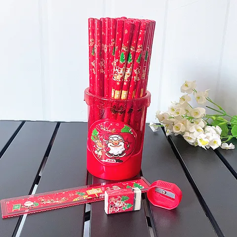 Set de Lápices HB de Navidad Empaquetado en Tubo Con Goma Regla Sacapuntas Útiles Escolares de Oficina