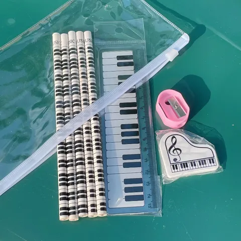 Set de Lápices de Música Creativos Con Bolsa de Cremallera de PVC Lápices Regla Borrador Sacapuntas Regalo de Papelería