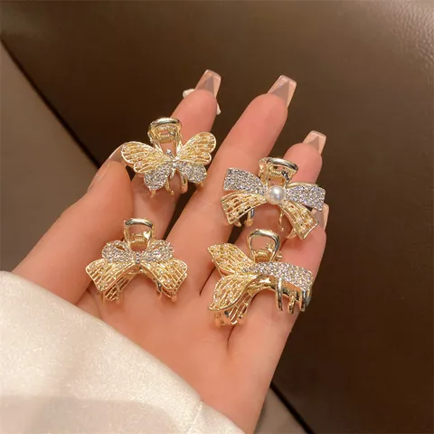 Gold Metal Small Hair Claw Clip Rhinestone Artificial Pearl Bow Hair Accessories For Women Daily Styling