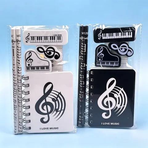 Set de Papelería con Tema Musical Regalo para Estudiante Cuaderno Lápiz Borrador Regla Diseño de Notas de Piano Blanco y Negro Oficina