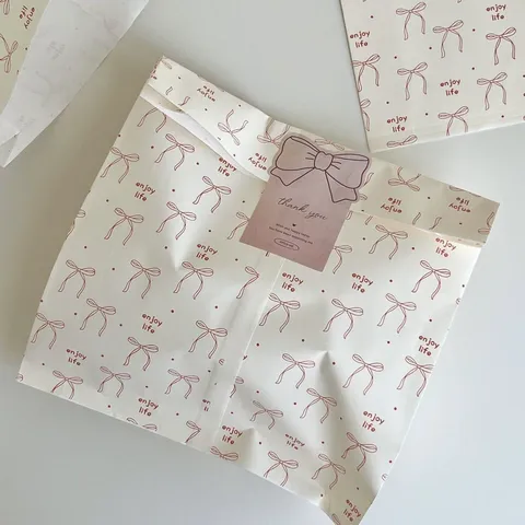 Ins Style Bow Print Kraft Paper Bag Gift Packaging Bag Cute Bowknot Flat Paper Bag Ziplock Bubble Bag For Party Birthday