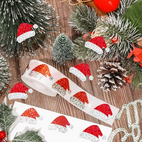 Christmas Hat Stickers Roll Holographic Glitter Self Adhesive Gift Labels For Holiday Party Packaging Decoration