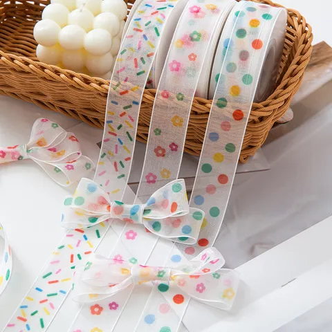 Colorful Polka Dot Floral Mesh Ribbon Chiffon Ribbon For Gift Box Cake Packaging Childrens Day Party Decoration Craft Ribbon