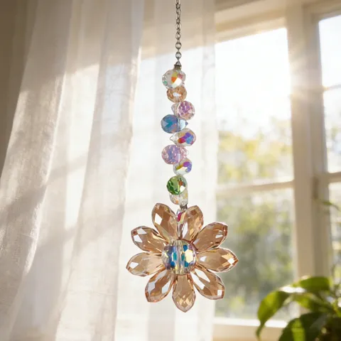 Artificial Crystal Flower Suncatcher Prism Rainbow Maker Hanging Ornament AB Color Window Wind Chime Home Decor Gift