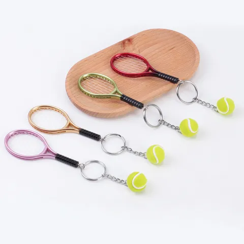 Creative Tennis Racket And Ball Keychain Sports Souvenir Pendant Metal Plastic Keyring Bag Hanging Ornament Gift