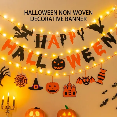 Estandarte Luminoso LED de Halloween Guirnalda de Tela no Tejida Calabaza Murciélago Bruja Para Fiesta Hogar Decoración Colgante Spooky