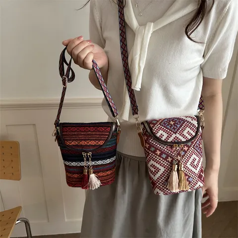Boho Ethnisch Geometrisch Gewebte Umhängetasche Vintage Schultertasche Mit Quaste