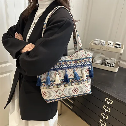 Bohemian Ethen Gewebte Tote Tasche Geometrisches Muster Quaste Handtasche Lässige Reise Schultertasche Für Damen