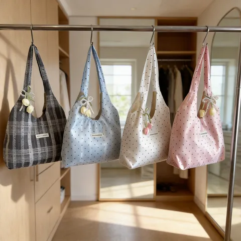 Damen Canvas Tragetasche Grosse Kapazität Casual Schultertasche Süsser Polka Dot Druck Unterarm Handtasche Mit Blumenanhänger