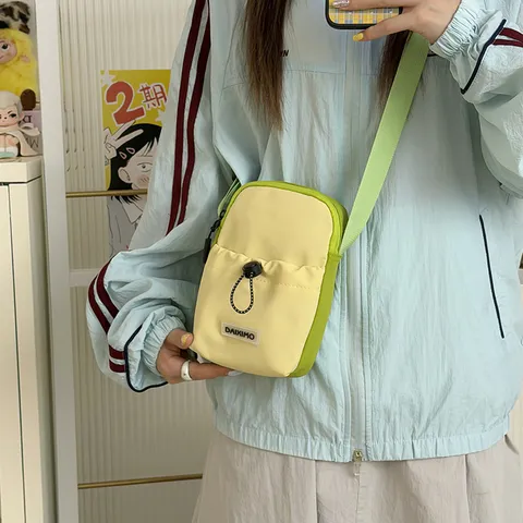 Damen Mini Nylon Umhängetasche Farbblock Kordelzug Handy Tasche Lässig Outdoor Pendeln Reise Schultertasche