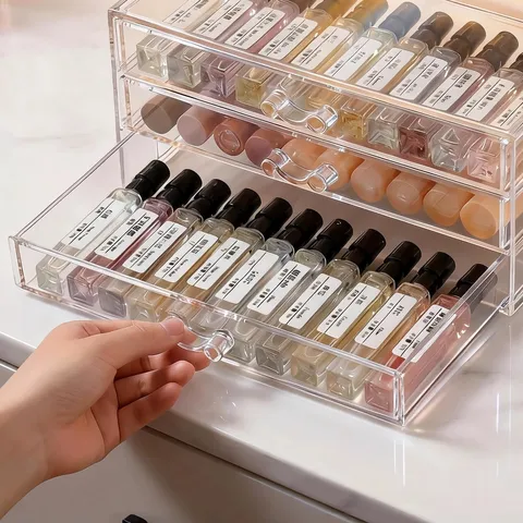 Boîte de Rangement pour Rouge à Lèvres de Bureau en PS Transparent Style Acrylique Tiroir Organisateur de Maquillage Étagère à Cosmétiques Antipoussière Empilable
