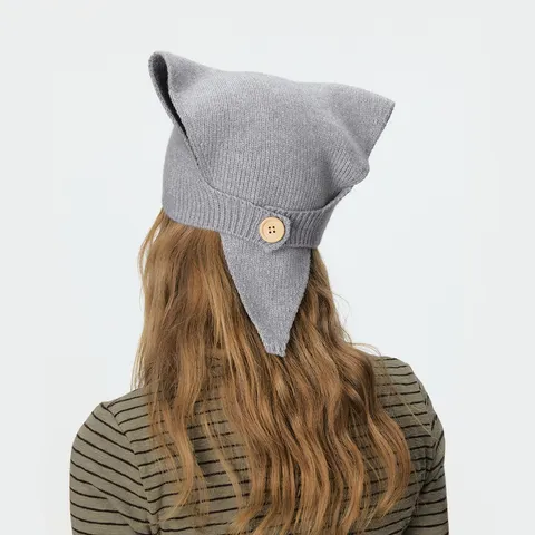 Women Winter Knitted Triangle Scarf Hood Warm Ear Protection Neck Warmer With Wooden Button Versatile Solid Color Shawl Wrap