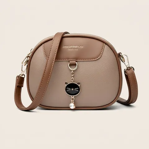 Dames PU Leer Crossbodytas Mode Drielagige Rits Schoudertas Grote Capaciteit Effen Kleur Vierkante Handtas Met Kattenhanger