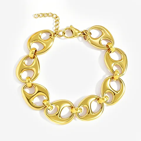 Stainless Steel 18K Gold Plated Mariner Link Pig Nose Bracelet Hip Hop Punk Jewelry For Women Men Coffee Bean Chain Bangle