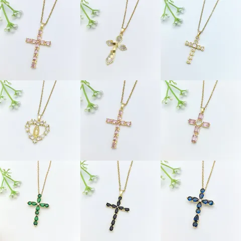 Damen Mode Edelstahl Zirkonia Kreuz Anhänger Halskette Leicht Luxus Mikro-eingelegt Religiös Herz Jungfrau Maria Choker Schmuck Gold Kette