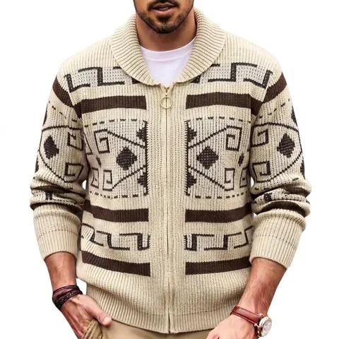 Ανδρική Vintage Ζακέτα Fair Isle Jacquard με Φερμουάρ Χειμερινό Ζεστό Πουλόβερ Πολυεστέρας Πλεκτή Ζακέτα με Ραβδώσεις Έθνικ Στυλ