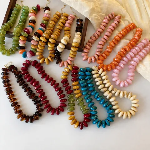 European American Acrylic Beaded Necklace Round Marble Smudge Design Clavicle Chain For Women Fashion Versatile Alloy Jewelry