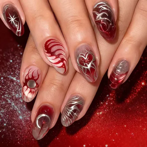 Dark Red Starry Sky Gothic Almond Press On Nails Silver Heart Flame Pattern Professional Manicure Decor For Women