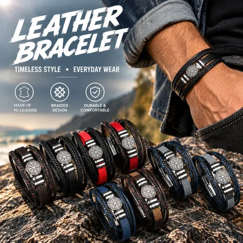 Men Punk Multilayer Braided Leather Bracelet With Nordic Compass Vegvisir Charm Alloy Stainless Steel Viking Wristband Jewelry Gift