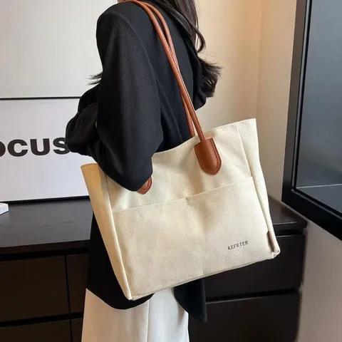 Borsa Tote in Tela da Donna Grande Capacità Minimalista Vintage Borsa a Spalla Con Manici in Pelle Casual Pendolare Borsa a Mano