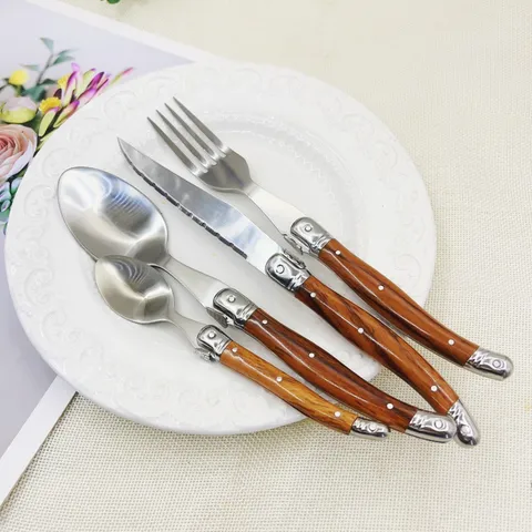 Laguiole Style Stainless Steel Flatware Wood Grain Plastic Handle Steak Knife Dinner Fork Spoon Mirror Polished Western Tableware