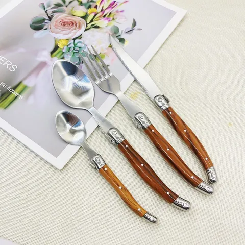 Laguiole Style Stainless Steel Flatware Wood Grain Plastic Handle Steak Knife Dinner Fork Spoon Mirror Polished Western Tableware