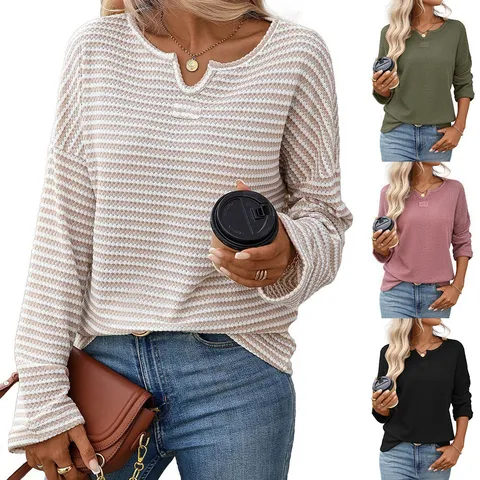 T-Shirt à Manches Longues en Tricot Gaufre pour Femme Décontracté Rayé Col à Encoche Épaules Tombantes Mode Automne
