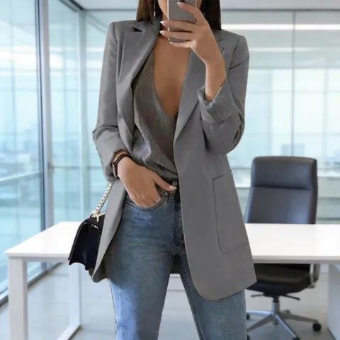 Women Casual Blazer Synthetic Blend Lapel Open Front Top Jacket With Patch Pockets Solid Color Professional Uniform Top