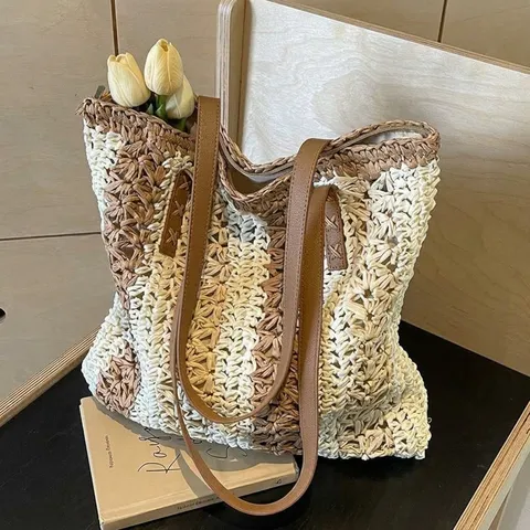 Woven Straw Tote Bag For Women Large Capacity Striped Beach Vacation Shoulder Handbag With Leather Straps Bohemian Style