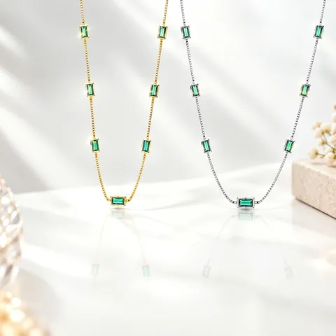 925 Sterling Silver Necklace With Emerald Green Baguette Zirconia Vintage French Retro Style Box Chain Minimalist Jewelry For Women